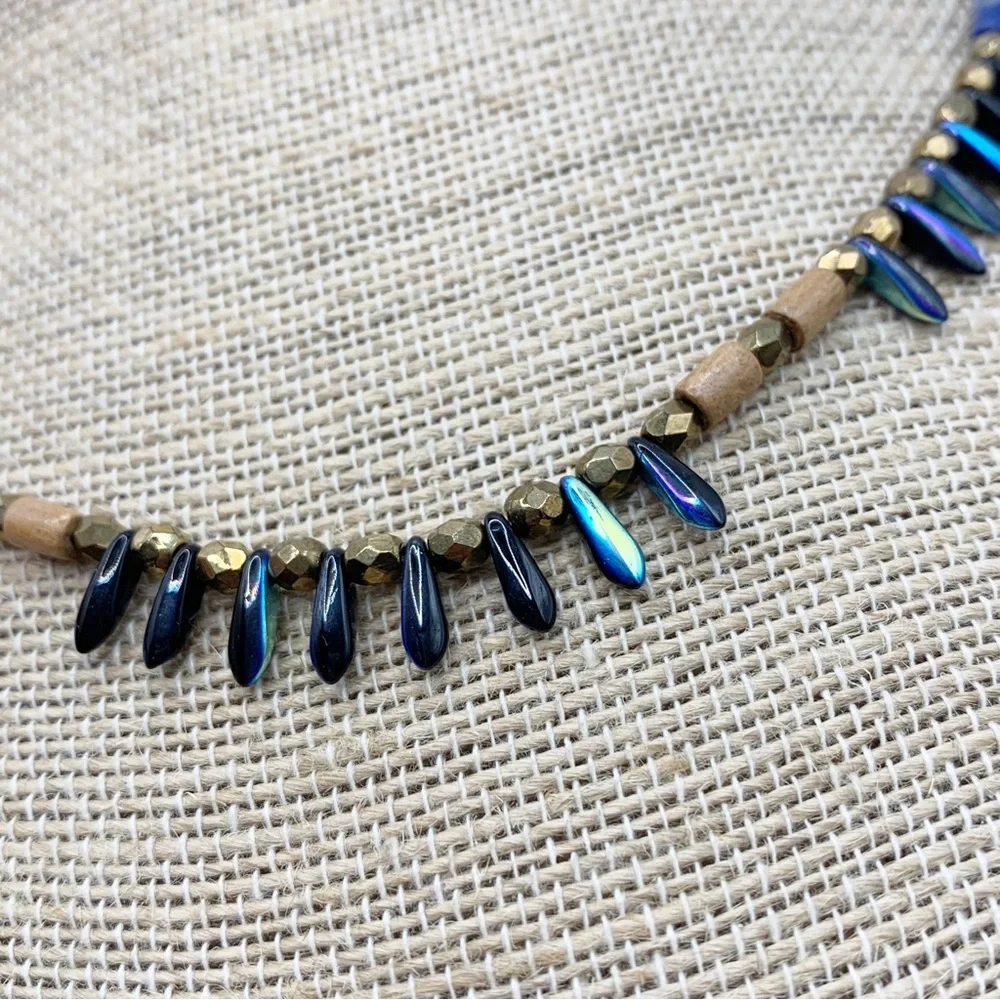 Blue, gold, wood and peacock iridescent faceted dainty Briolette bead necklace